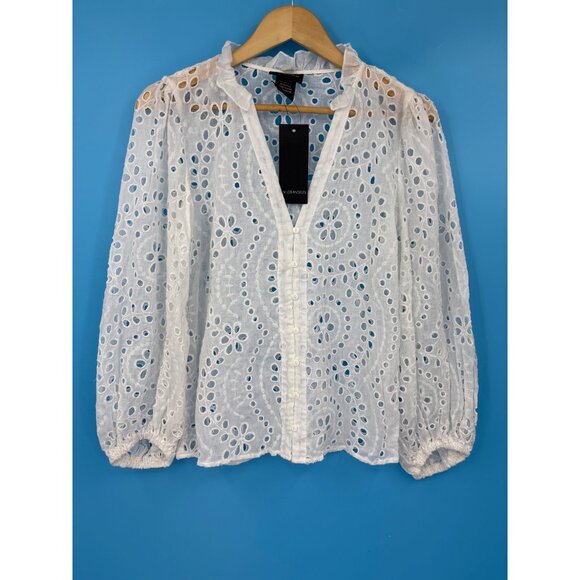 Liv Los Angeles Eyelet Long Sleeve Button Blouse V-Neck Boho White Medium NEW - Picture 1 of 5